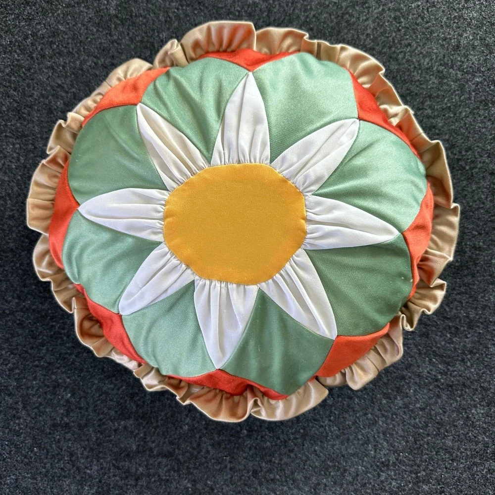 Vintage Patchwork Flower Round‎ Throw Pillow Satin Ruffle Sunburst Green Orange